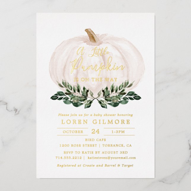 Invitation En Aluminium Gold Foil Rustic Petit Baby shower Citrouille (Recto)