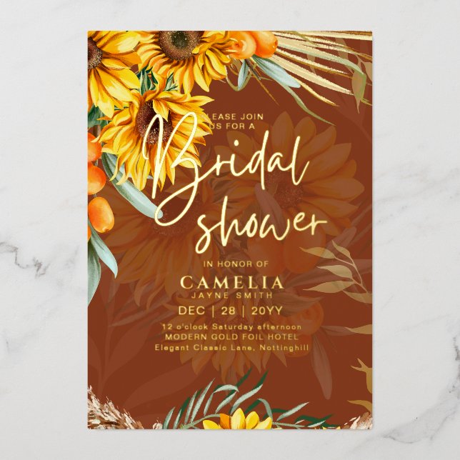 Invitation En Aluminium GOLD FOIL Rustic Sunflower FÊTE DES MARIÉES QR Cod (Recto)