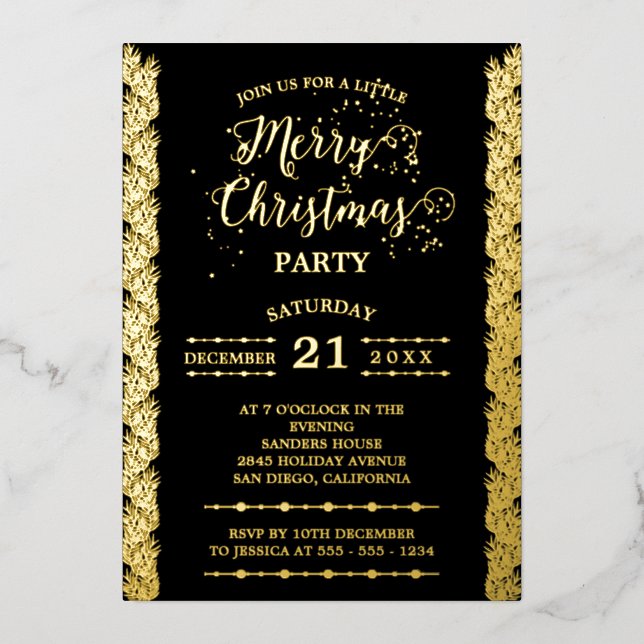 Invitation En Aluminium Gold Foil Sparkings Joyeux Noël Party Black (Recto)