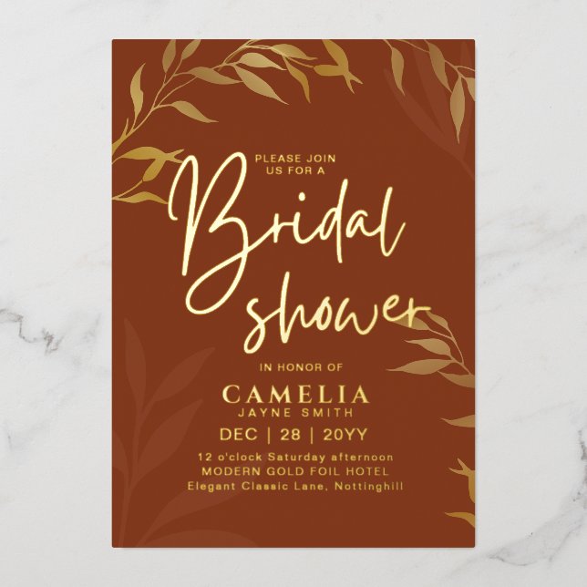 Invitation En Aluminium Gold Foil Terracotta Feuilles FÊTE DES MARIÉES QR  (Recto)