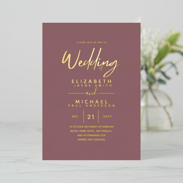 Invitation En Aluminium GOLD FOIL Texte Dusty Rose rose Mariage élégant (Debout devant)
