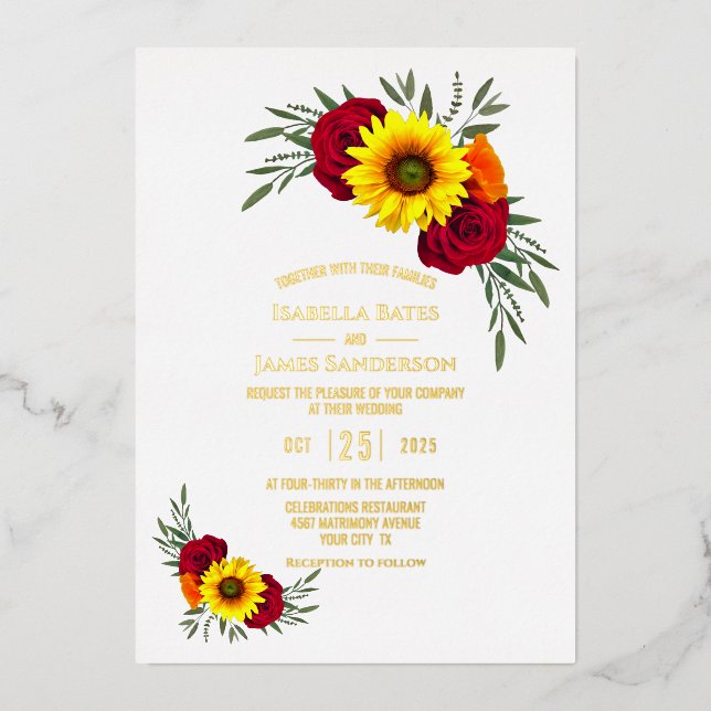 Invitation En Aluminium Gold Foil Texte Élégant Rose de tournesol Mariage (Recto)
