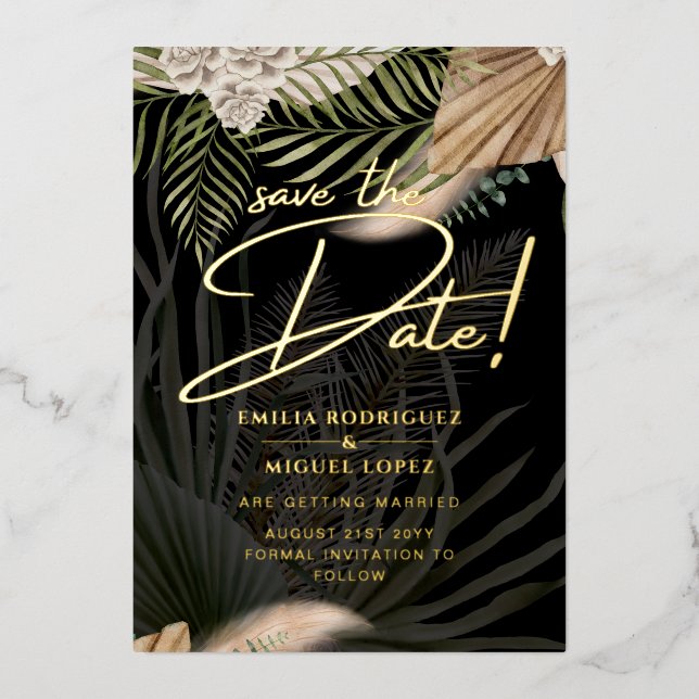 Invitation En Aluminium Gold Foil Tropical Pampas Grass Mariage Date de sa (Recto)