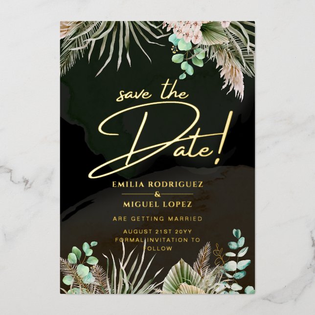 Invitation En Aluminium Gold Foil Tropical Pampas Grass Mariage Date de sa (Recto)