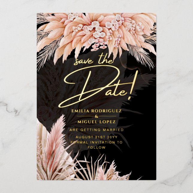 Invitation En Aluminium Gold Foil Tropical Pampas Grass Mariage Date de sa (Recto)