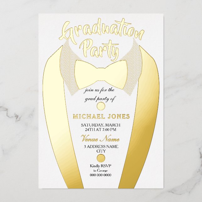 Invitation En Aluminium Gold Foil Tuxedo Suit Graduation Grad Party (Recto)