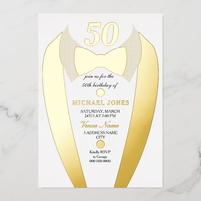 Invitation En Aluminium Gold Foil Tuxedo Suit Mens 50e fête d'anniversaire (Recto)