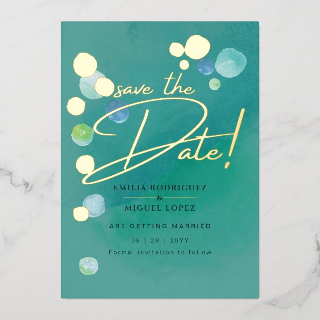 Invitation En Aluminium Gold Foil Verre de mer Turquoise Vert Mariage Dave (Recto)