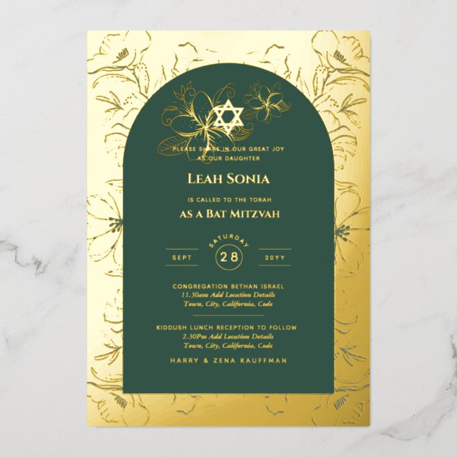 Invitation En Aluminium GOLD FOIL Vert Bat mitzvah Formel Floral (Recto)