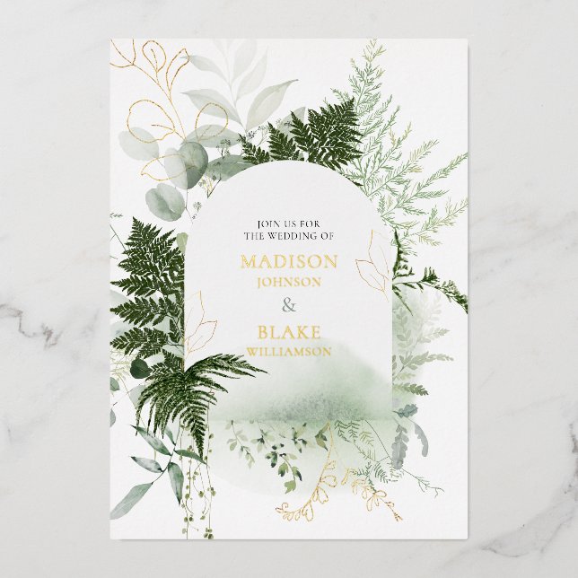 Invitation En Aluminium Gold Foil Wild Fern Mariage d'aquarelle (Recto)