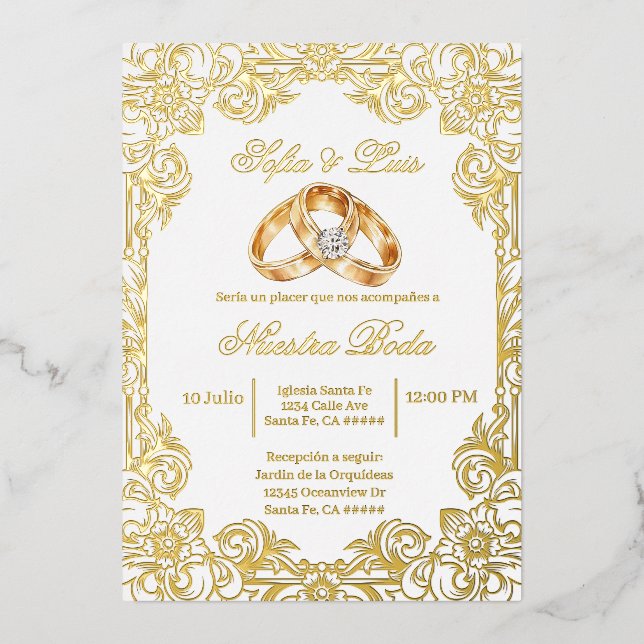 Invitation En Aluminium gold foil with frame Spanish wedding  (Recto)