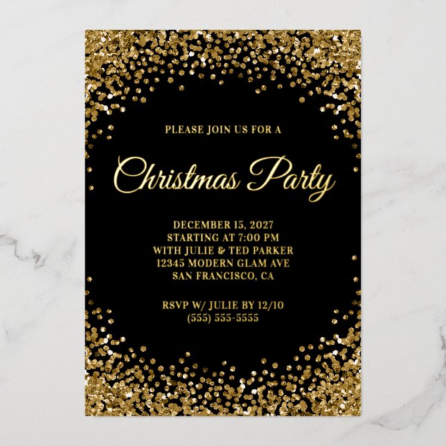 Invitation En Aluminium Gold Glitter Border Black Christmas Party (Recto)