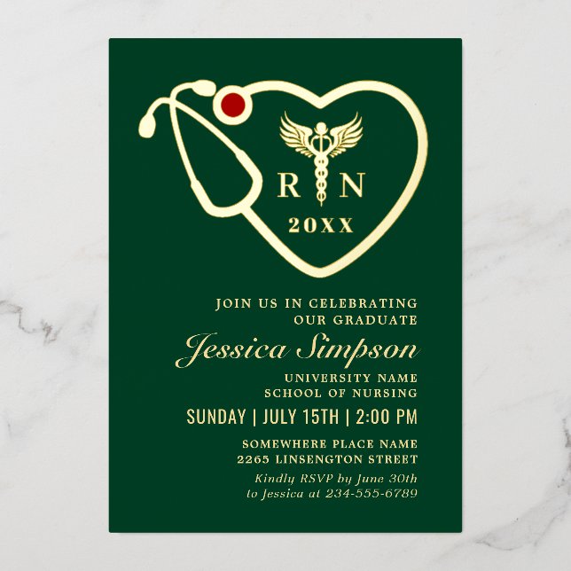 Invitation En Aluminium Gold Green Modern Nursing School Graduation Party (Recto)