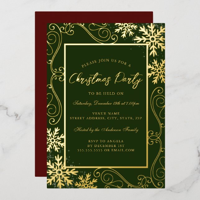 Invitation En Aluminium Gold Green Swirl Snowflake Frame de Noël (Recto/Verso)