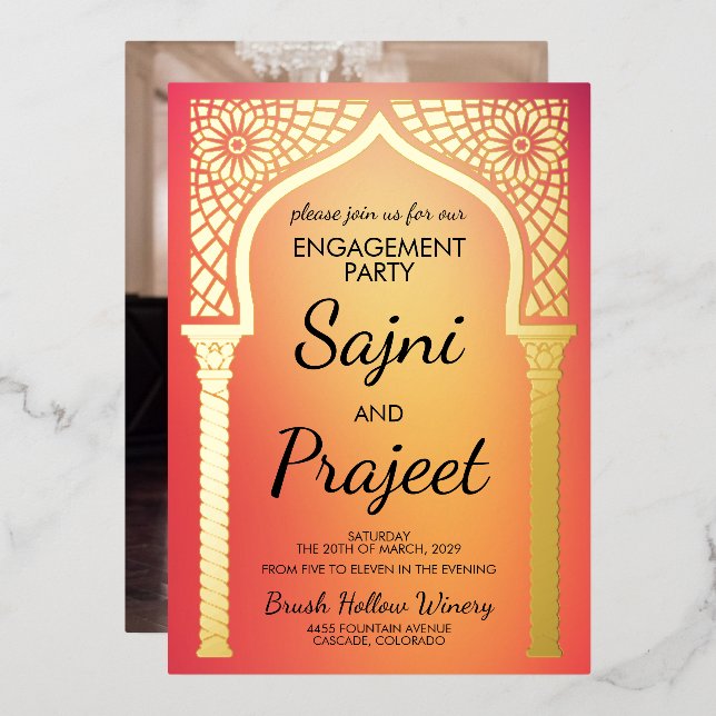 Invitation En Aluminium Gold Indian Engagement Party (Recto/Verso)