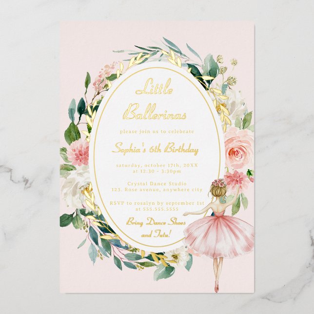 Invitation En Aluminium Gold Little Ballerina Floral Anniversaire de enfan (Recto)