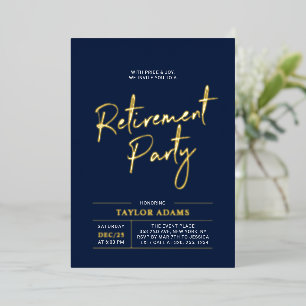 Invitation En Aluminium Gold & Marine Moderne Brosse Script Retraite Party
