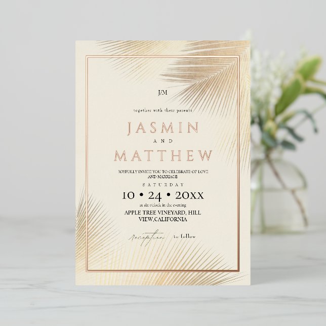 Invitation En Aluminium Gold Modern Beach Coastal Palm Wedding  (Debout devant)