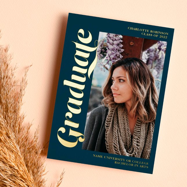 Invitation En Aluminium Gold navy blue graduate script 3 (Créateur téléchargé)