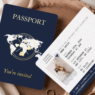 Invitation En Aluminium Gold & Navy Blue Passport Photo d'anniversaire uni