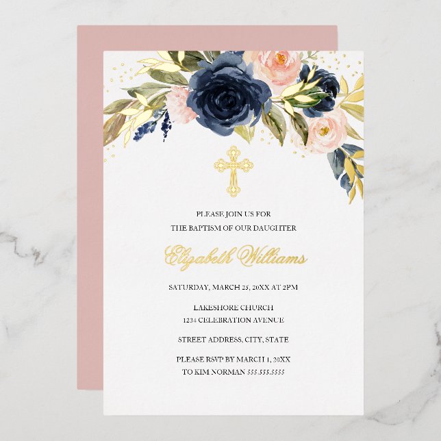 Invitation En Aluminium Gold Navy Blush Floral Girl Baptism (Recto/Verso)