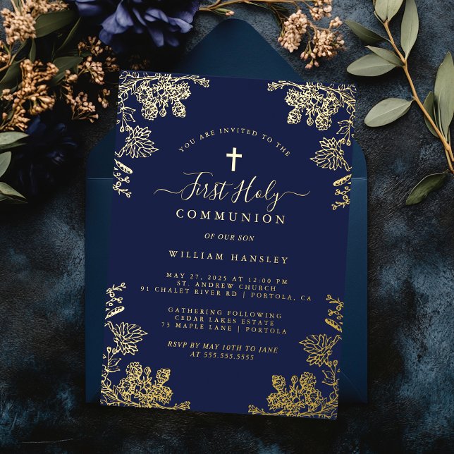 Invitation En Aluminium Gold Navy Floral Vintage Boys Première communion (Créateur téléchargé)