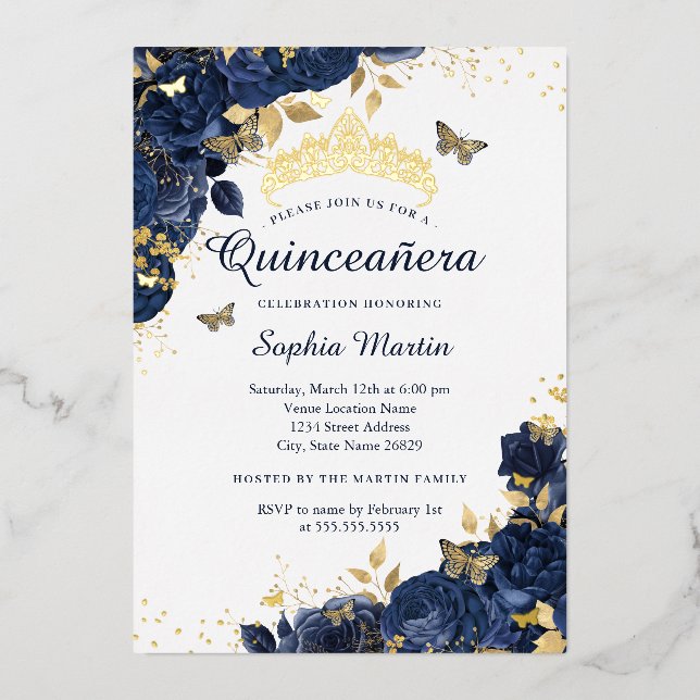 Invitation En Aluminium Gold Navy Papillon Fleur Élégante Quinceanera (Recto)