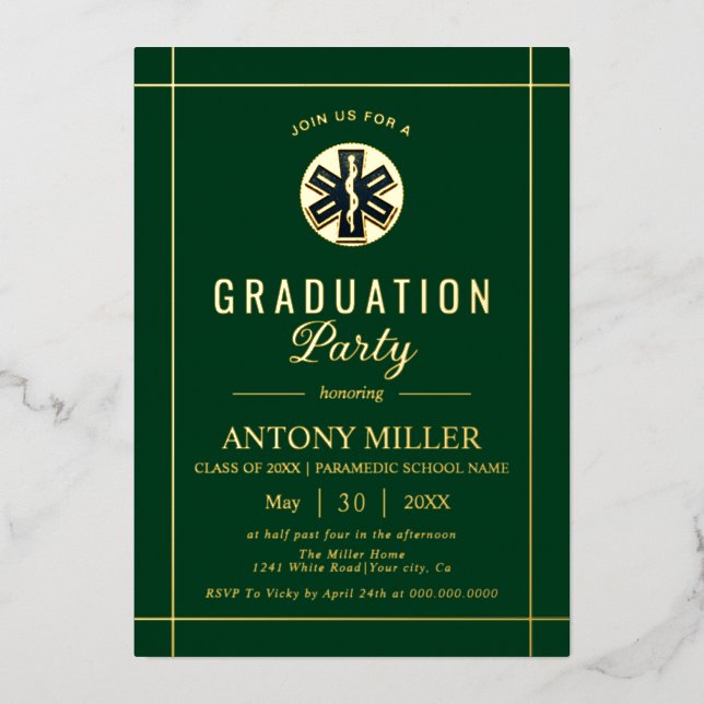 Invitation En Aluminium Gold paramedic EMT Class Of 2025 green graduation (Recto)