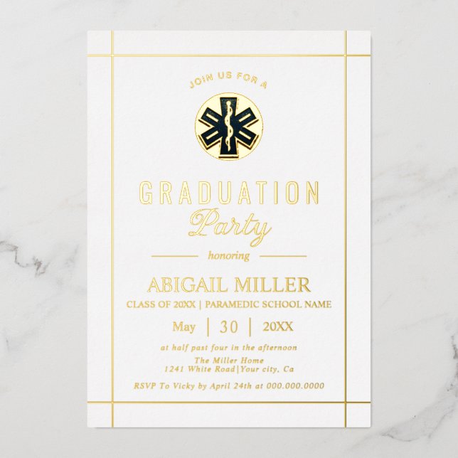 Invitation En Aluminium Gold paramedic EMT Classe De 2025 graduation blanc (Recto)