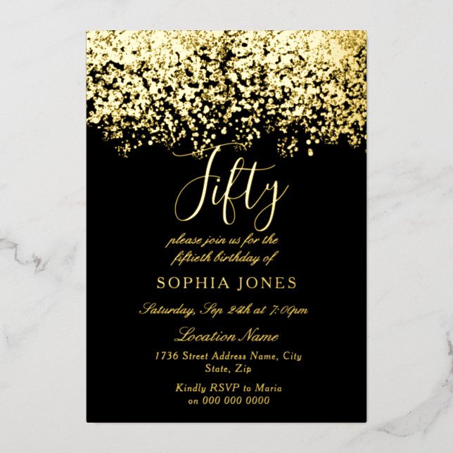 Invitation En Aluminium Gold Parties scintillant Black 50th Birthday Party (Recto)