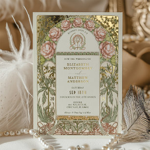 Invitation En Aluminium Gold Peonies Vintage Mariage Art Nouveau