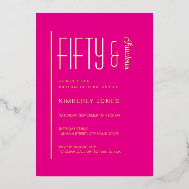 Invitation En Aluminium Gold Pink Fifty and Fabulous 50th Birthday Party (Recto)
