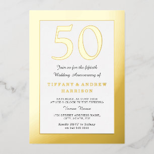 Invitation En Aluminium Gold Pressed Bordure 50e anniversaire Mariage Or