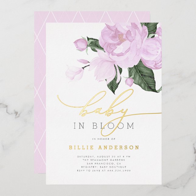 Invitation En Aluminium Gold Purple Floral Girl Baby in Bloom Shower (Recto/Verso)