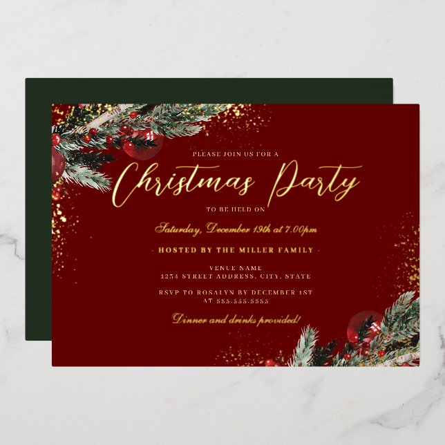 Invitation En Aluminium Gold Red Green Sparkle Foliing Noël Party (Recto/Verso)
