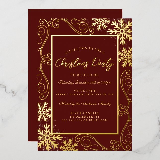 Invitation En Aluminium Gold Red Swirl Flocon de neige Frame de Noël (Recto/Verso)