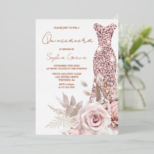 Invitation En Aluminium Gold rose, Robe rose pâle Quinceanera Real