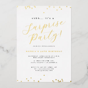 Invitation En Aluminium Gold Script Confetti Surprise Party