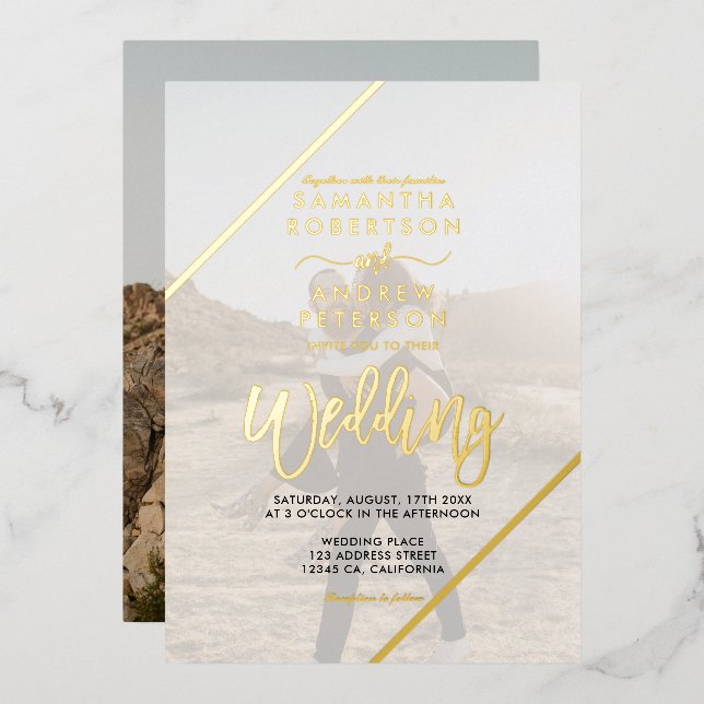 Invitation En Aluminium Gold script rayures chic mariage 2 photos (Recto/Verso)