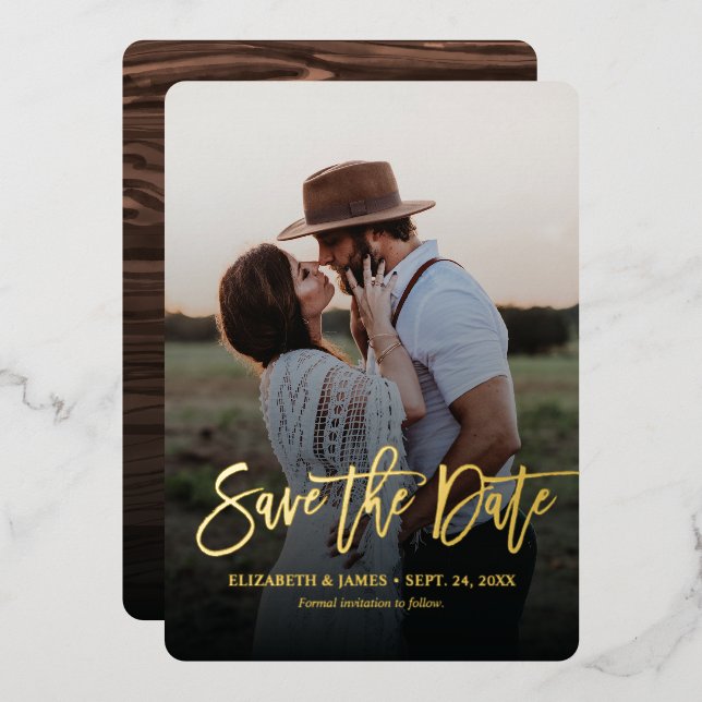 Invitation En Aluminium Gold Script Rustic Enregistrer Le Mariage Date (Recto/Verso)