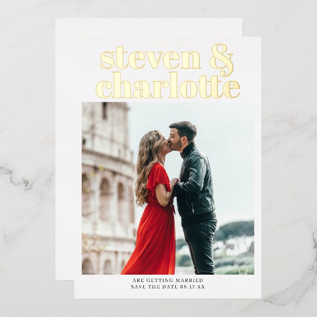 Invitation En Aluminium Gold script save the date wedding photo (Recto/Verso)