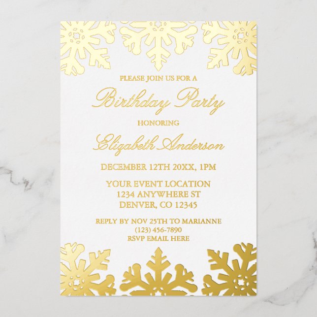 Invitation En Aluminium Gold Snowflake fête d'anniversaire d'hiver (Recto)