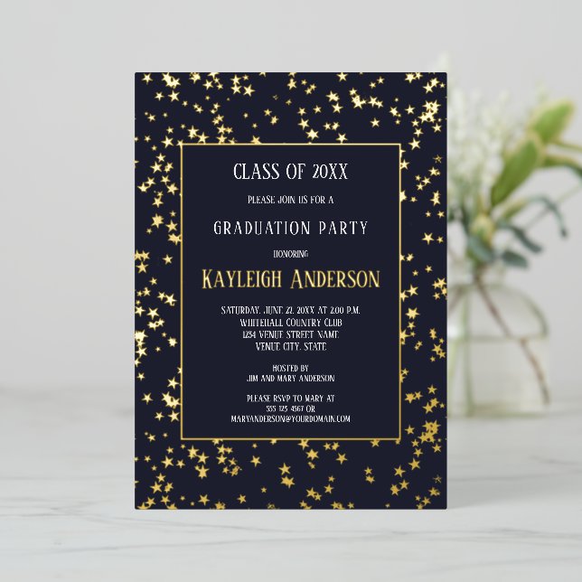 Invitation En Aluminium Gold Stars Graduation Party (Debout devant)