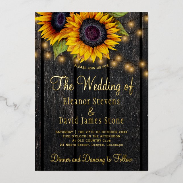 Invitation En Aluminium Gold sunflowers rustic country barn wood wedding (Recto)