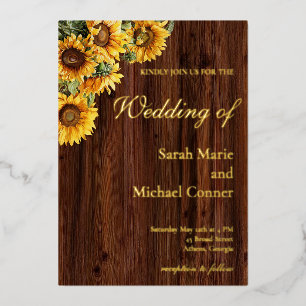 Invitation En Aluminium Gold Sunflowers rustique de la grange bois