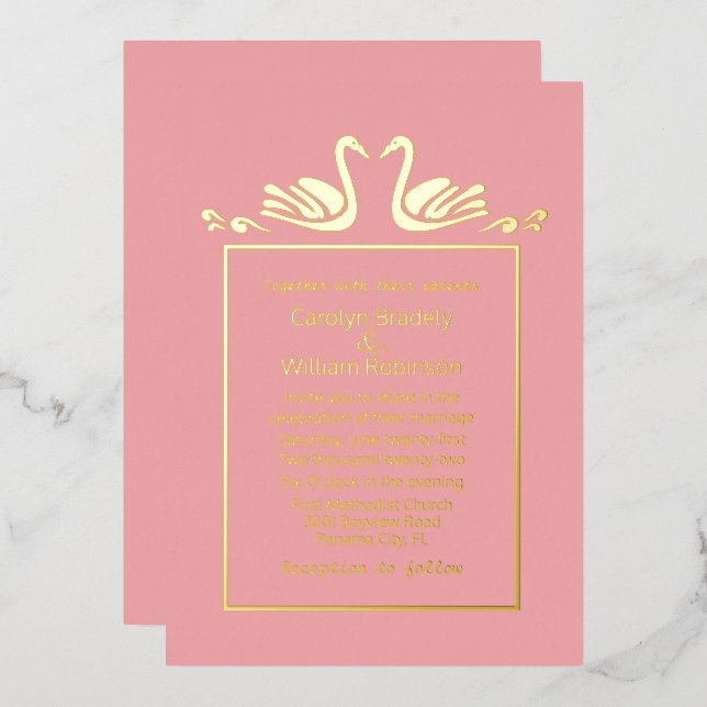 Invitation En Aluminium Gold Swans Coral Mariage Foil (Recto/Verso)