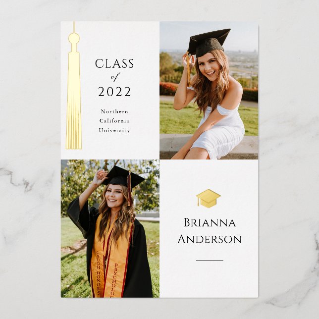 Invitation En Aluminium Gold Tassel Blanc 2 Photo Graduation (Recto)
