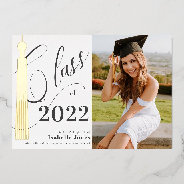 Invitation En Aluminium Gold Tassel White Photo Graduation (Recto)