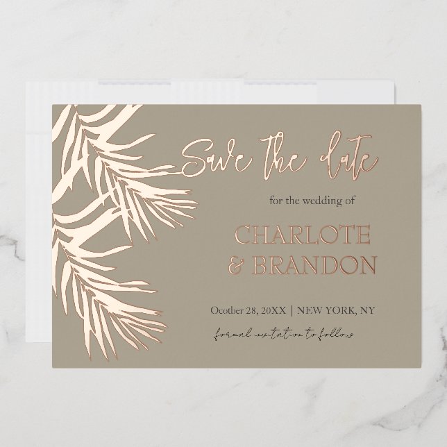 Invitation En Aluminium Gold Tropical Palm Leaf Mariage Enregistrer La Dat (Enveloppe)