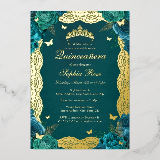 Invitation En Aluminium Gold Turquoise Rose Dentelle Quinceanera Anniversa (Recto)